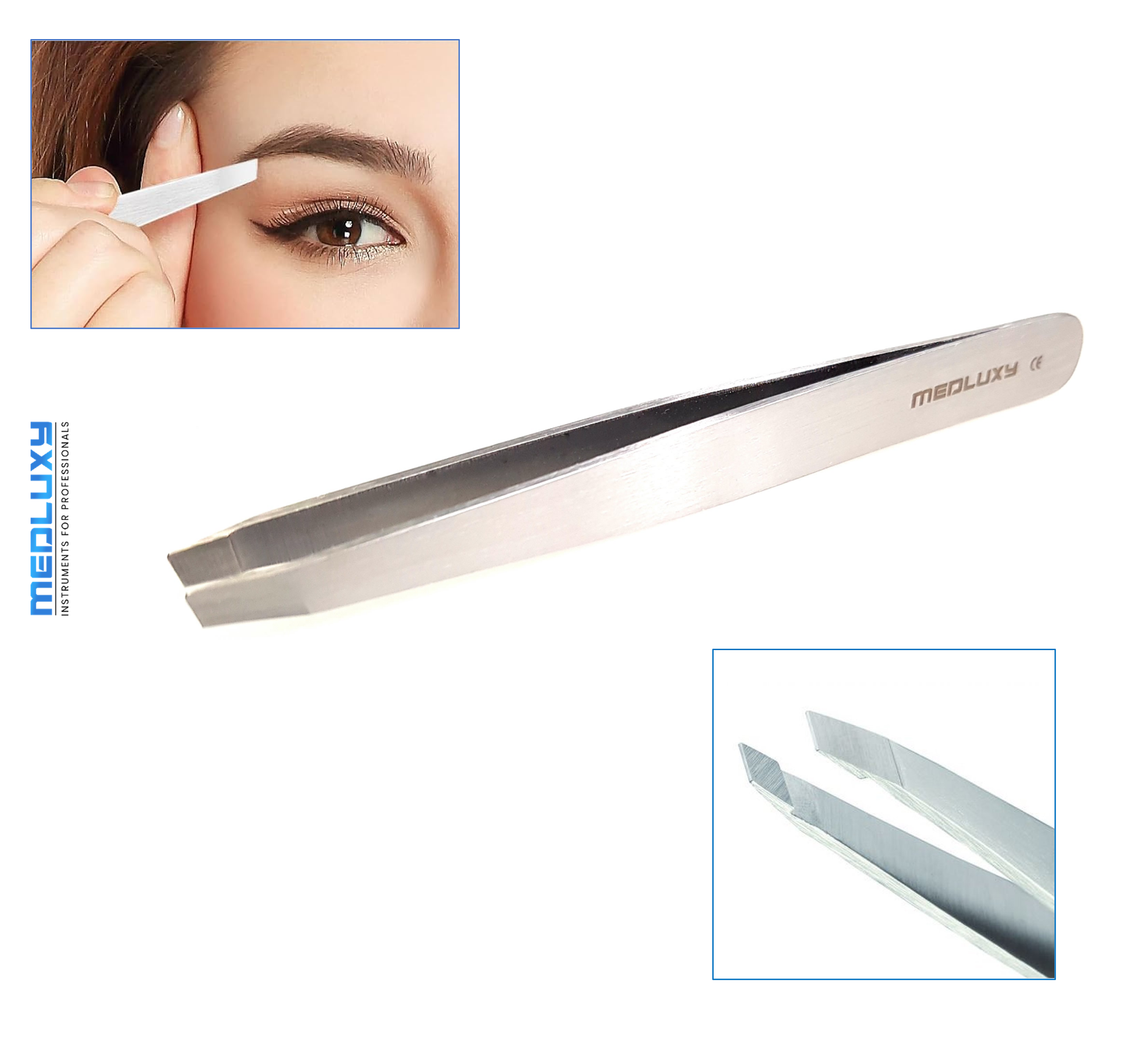 Medluxy Pro - Epileerpincet - Slanted - Zilver - Schuine tip - 10 cm - EP0024